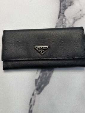 Prada Black Saffiano Leather Long Wallet with Zipper Compartment